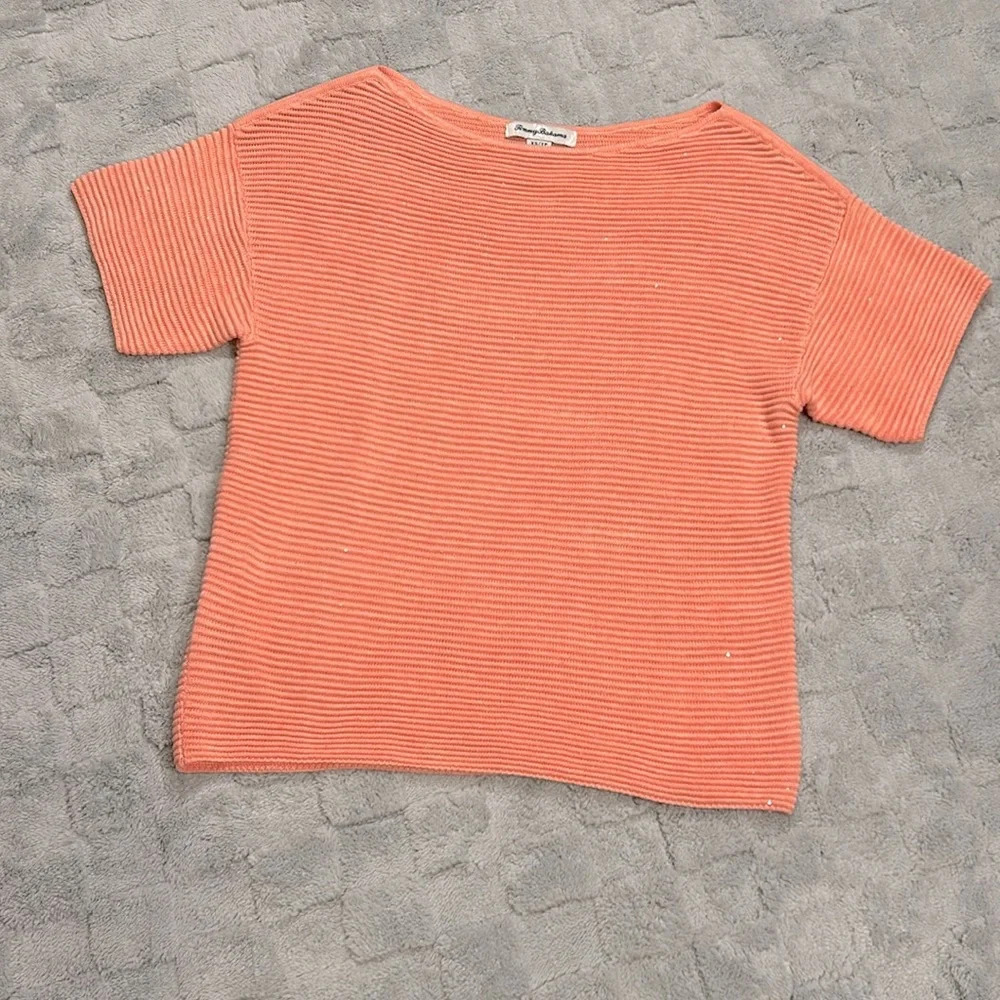 Tommy Bahama Boat Neck Peach Short Sleeve Sweater W/ Micro Iridescent Sequins XS
